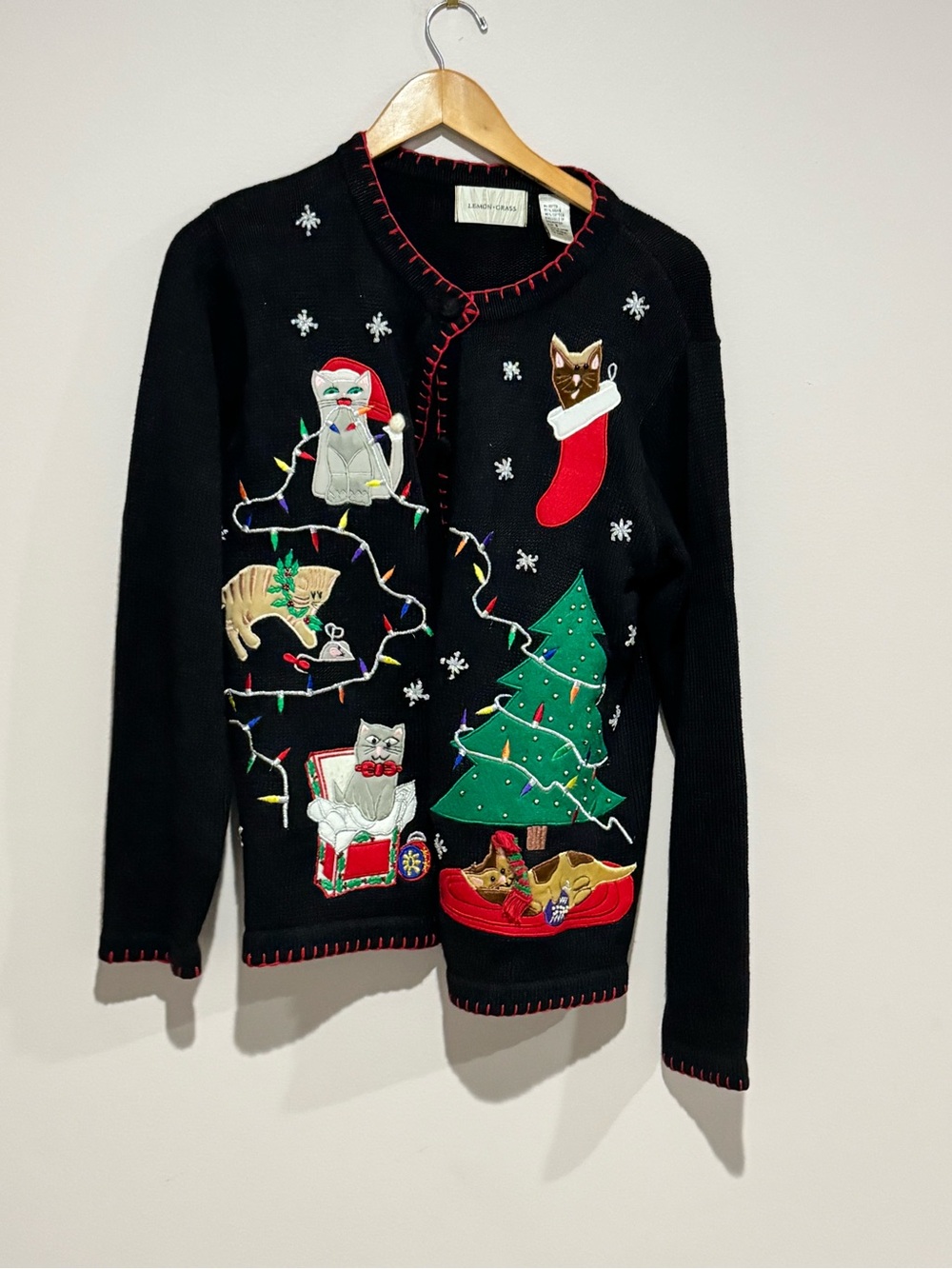 Lemon Grass Black Christmas Cat Embroidered Beaded Cardigan Sweater Sz S